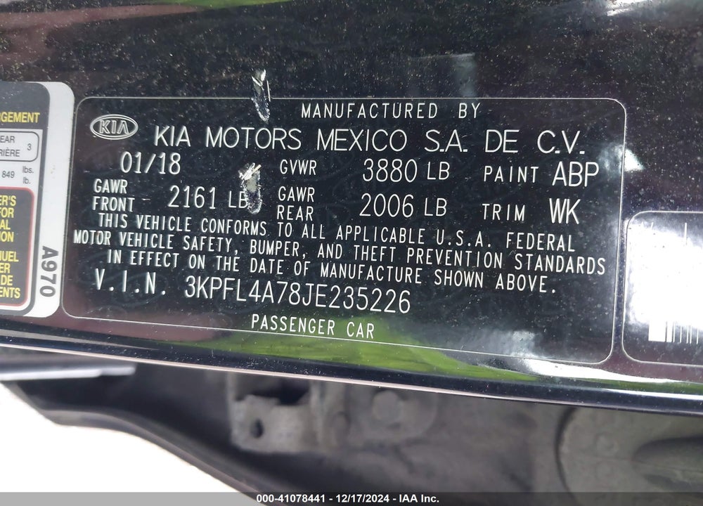 2018 KIA FORTE VIN: 3KPFL4A78JE235226