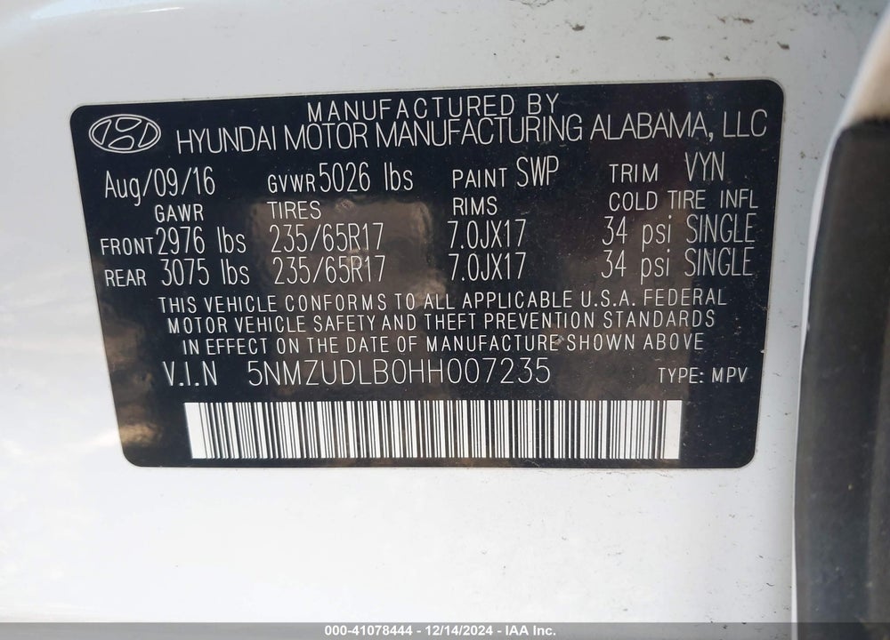 2017 HYUNDAI SANTA FE SPORT 2.4L VIN: 5NMZUDLB0HH007235
