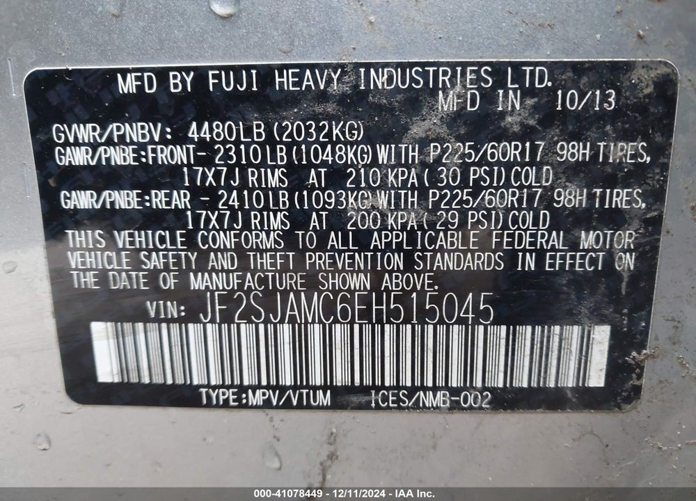 2014 SUBARU FORESTER 2.5I TOURING VIN: JF2SJAMC6EH515045