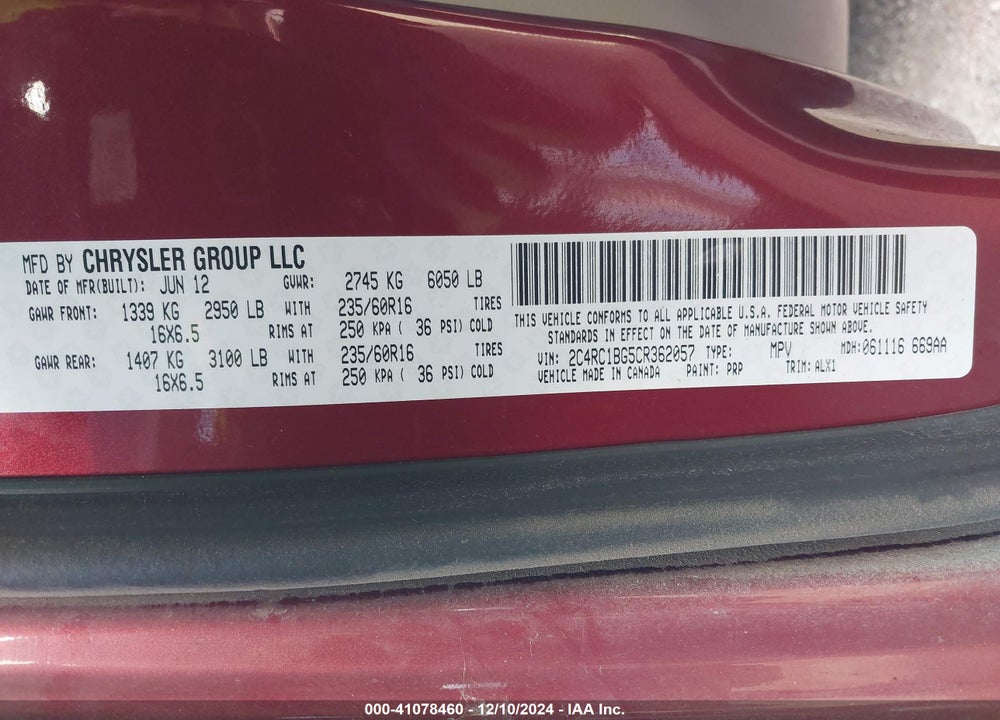 2012 CHRYSLER TOWN & COUNTRY TOURING VIN: 2C4RC1BG5CR362057