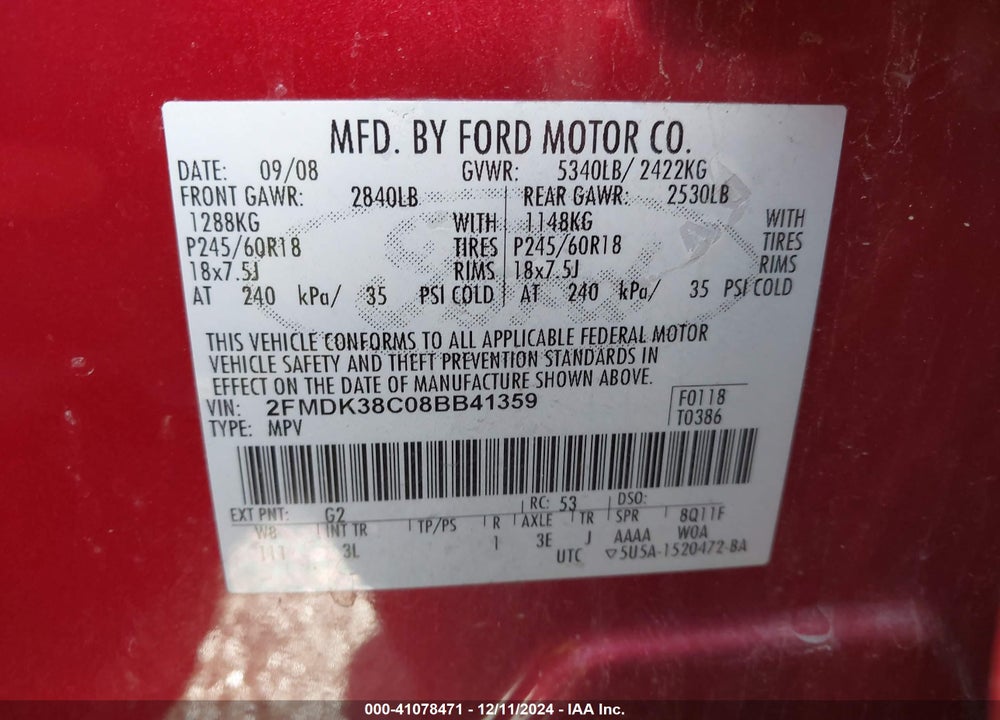 2008 FORD EDGE SEL VIN: 2FMDK38C08BB41359