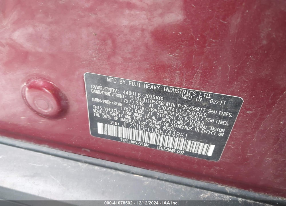 2011 SUBARU FORESTER 2.5X LIMITED VIN: JF2SHBEC0BH744851