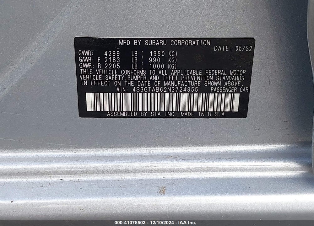 2022 SUBARU IMPREZA BASE 5-DOOR VIN: 4S3GTAB62N3724355
