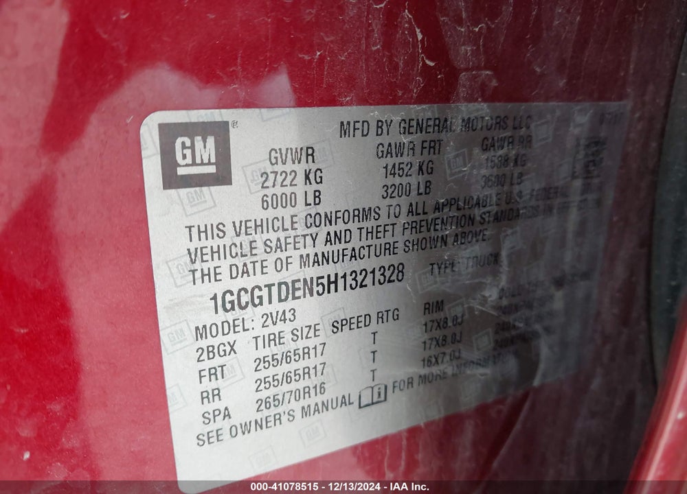 2017 CHEVROLET COLORADO VIN: 1GCGTDEN5H1321328