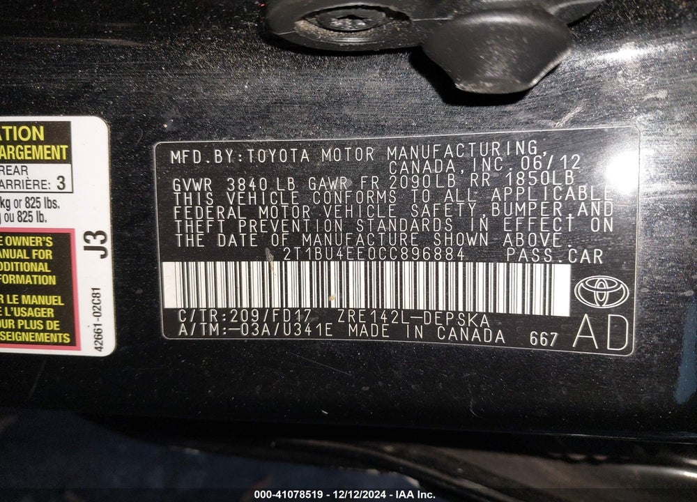 2012 TOYOTA COROLLA S VIN: 2T1BU4EE0CC896884