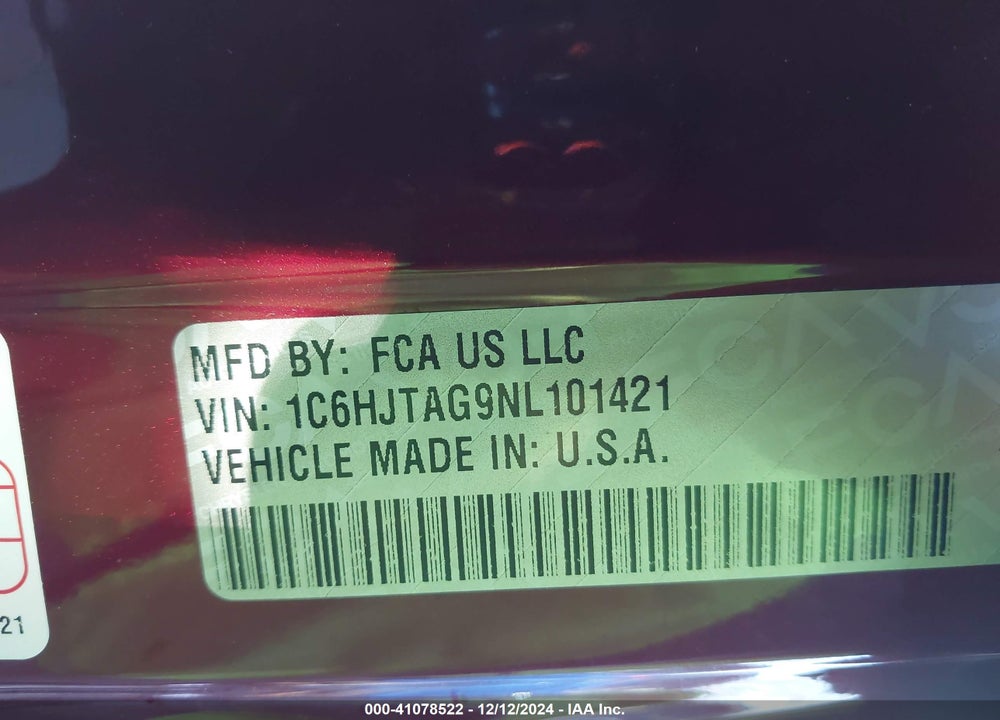 2022 JEEP GLADIATOR VIN: 1C6HJTAG9NL101421