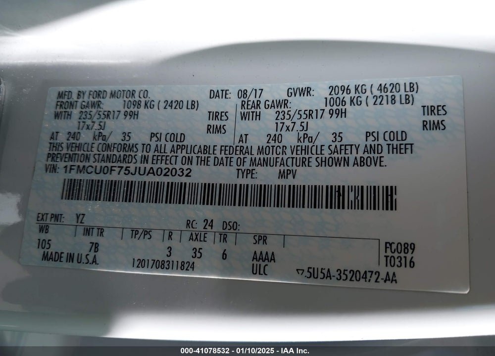 2018 FORD ESCAPE S VIN: 1FMCU0F75JUA02032