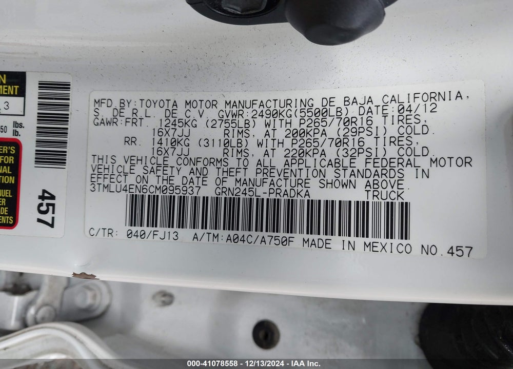 2012 TOYOTA TACOMA DOUBLE CAB VIN: 3TMLU4EN6CM095937