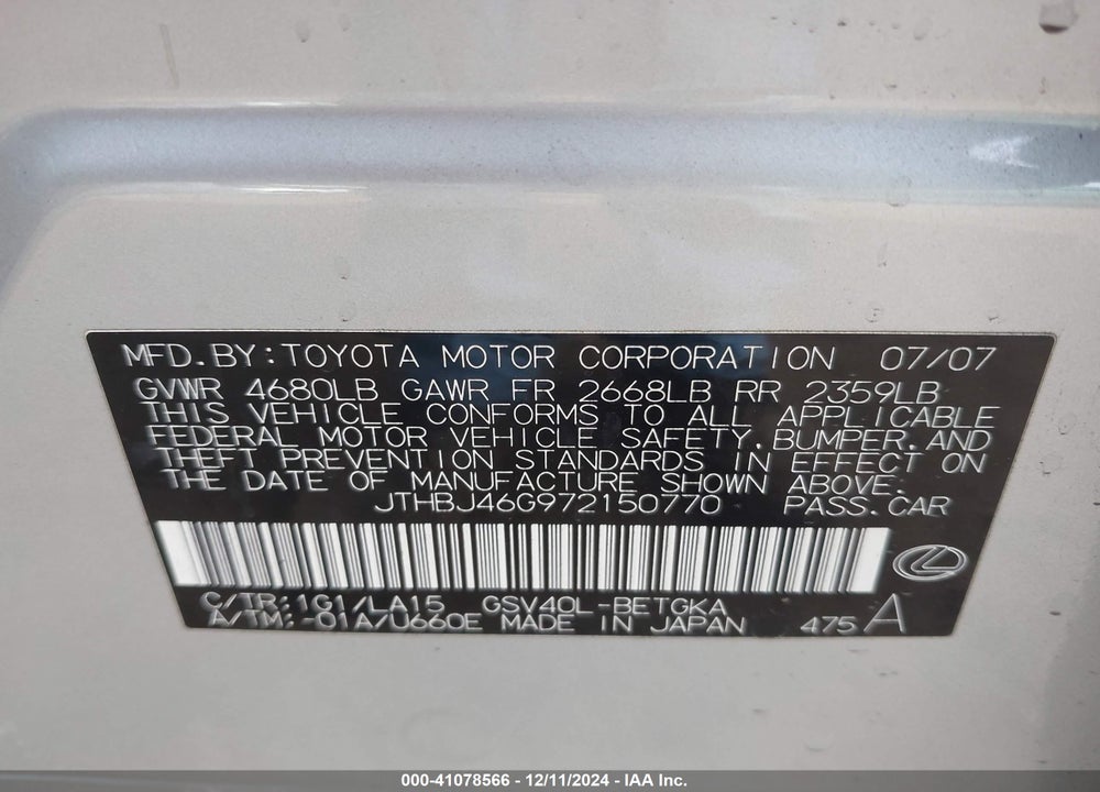 2007 LEXUS ES 350 VIN: JTHBJ46G972150770