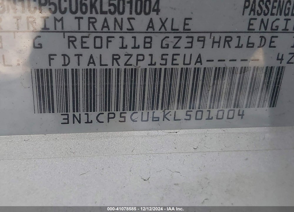 2019 NISSAN KICKS VIN: 3N1CP5CU6KL501004