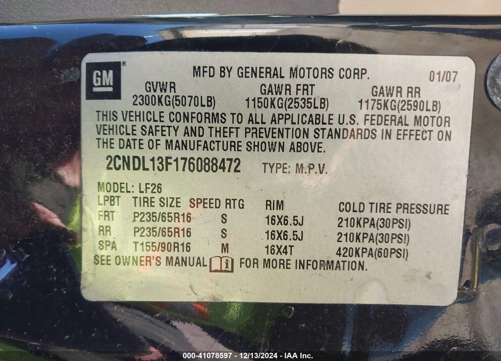 2007 CHEVROLET EQUINOX LS VIN: 2CNDL13F176088472