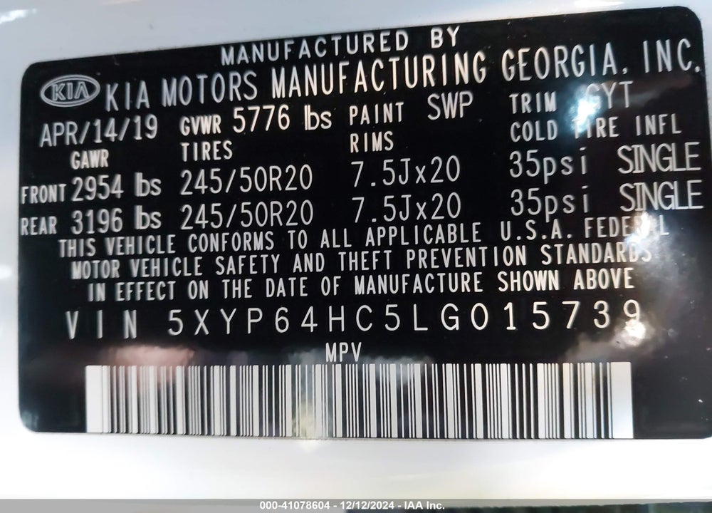 2020 KIA TELLURIDE S VIN: 5XYP64HC5LG015739