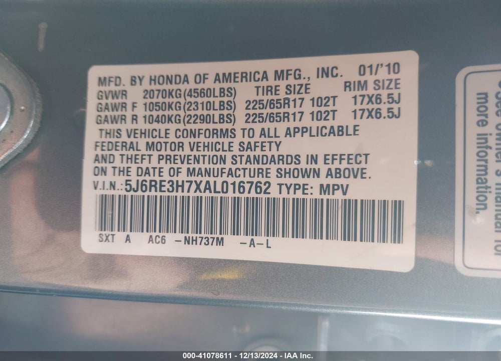 2010 HONDA CR-V EX-L VIN: 5J6RE3H7XAL016762