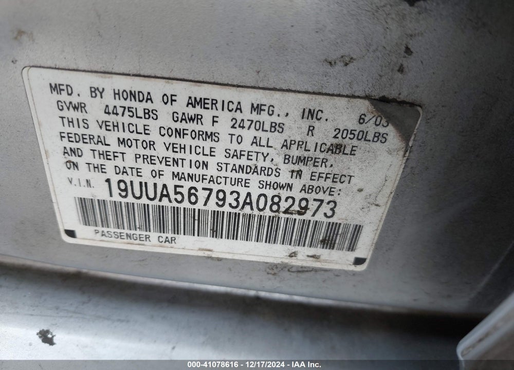 2003 ACURA TL 3.2 VIN: 19UUA56793A082973