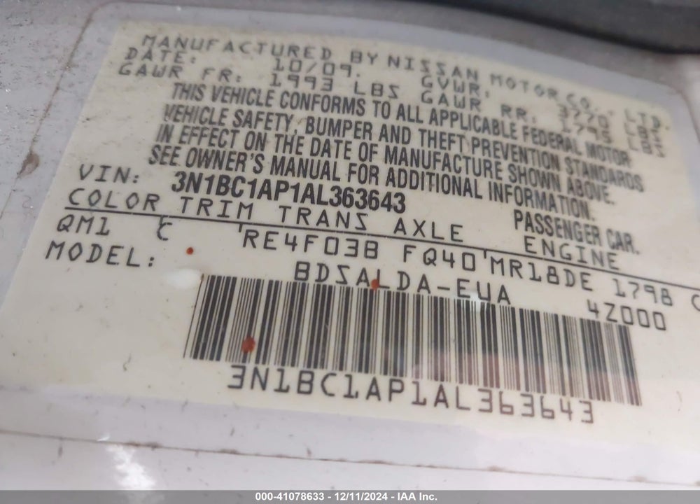 2010 NISSAN VERSA 1.8S VIN: 3N1BC1AP1AL363643
