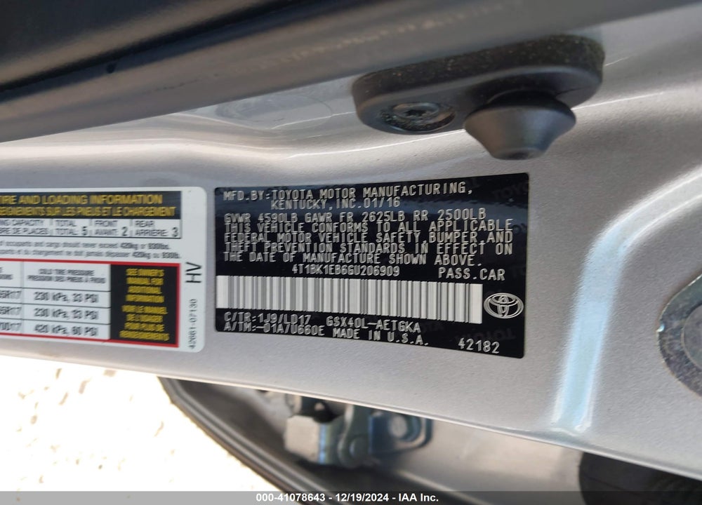 2016 TOYOTA AVALON VIN: 4T1BK1EB6GU206909