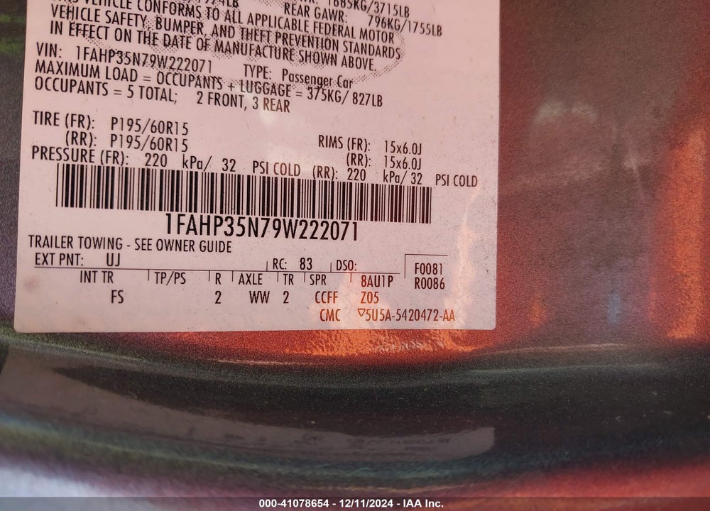 2009 FORD FOCUS SE VIN: 1FAHP35N79W222071