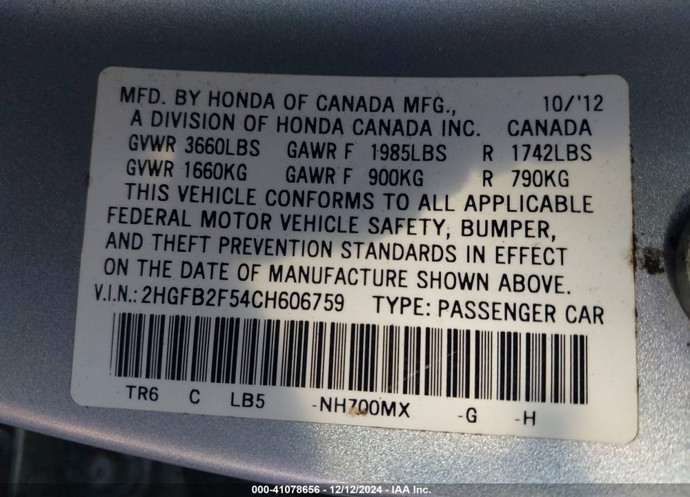 2012 HONDA CIVIC LX VIN: 2HGFB2F54CH606759