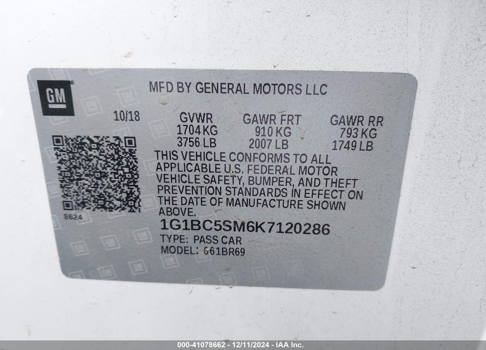 2019 CHEVROLET CRUZE VIN: 1G1BC5SM6K7120286