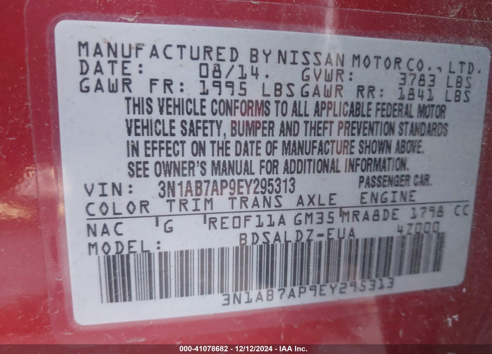 2014 NISSAN SENTRA SV VIN: 3N1AB7AP9EY295313
