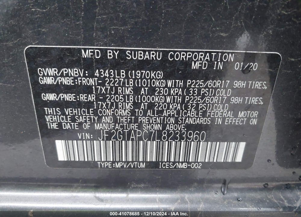 2020 SUBARU CROSSTREK PREMIUM VIN: JF2GTAPC7L8233960