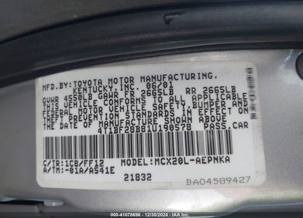 2001 TOYOTA AVALON XL VIN: 4T1BF28B81U190578