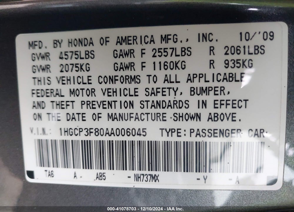2010 HONDA ACCORD 3.5 EX-L VIN: 1HGCP3F80AA006045