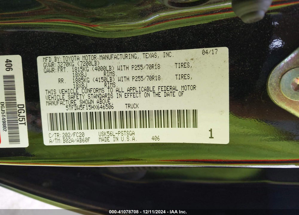 2017 TOYOTA TUNDRA SR5 5.7L V8 VIN: 5TFDW5F15HX646506