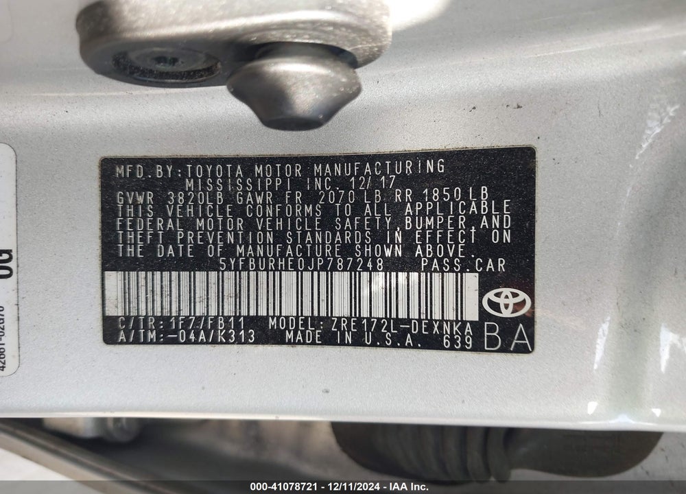 2018 TOYOTA COROLLA LE VIN: 5YFBURHE0JP787248