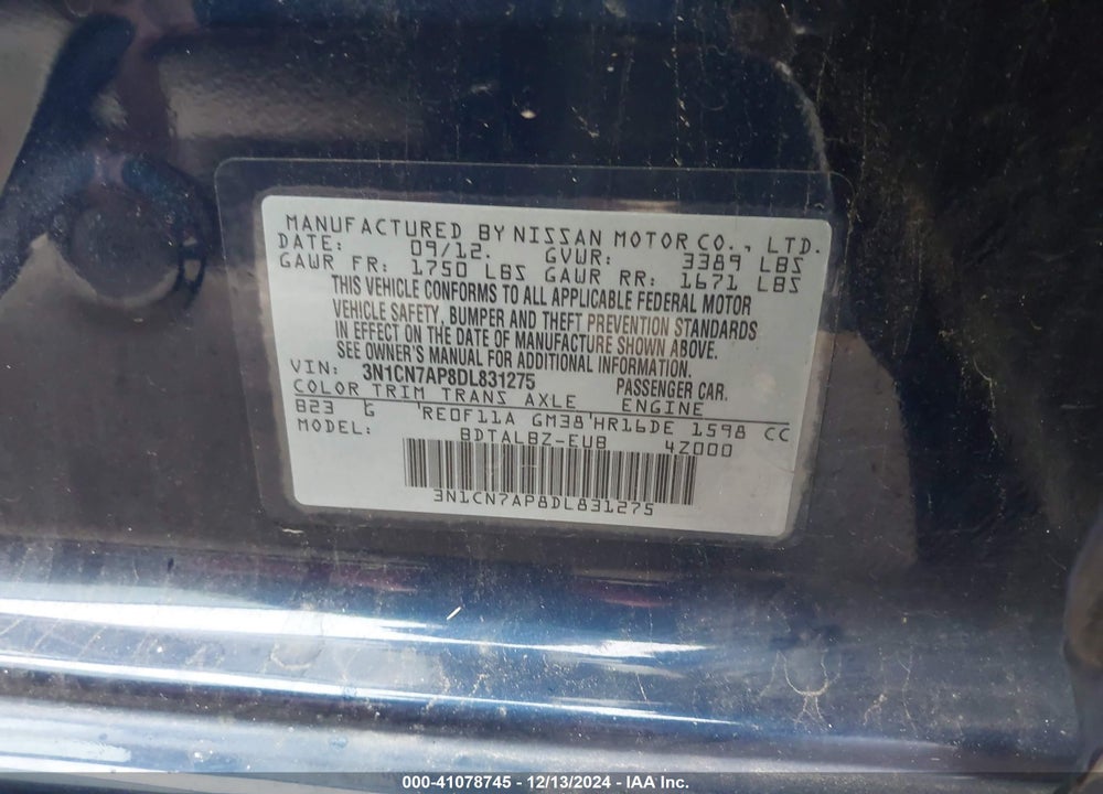 2013 NISSAN VERSA 1.6 SV VIN: 3N1CN7AP8DL831275