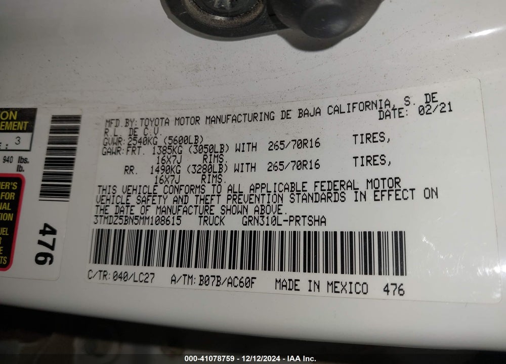 2021 TOYOTA TACOMA VIN: 3TMDZ5BN5MM108615