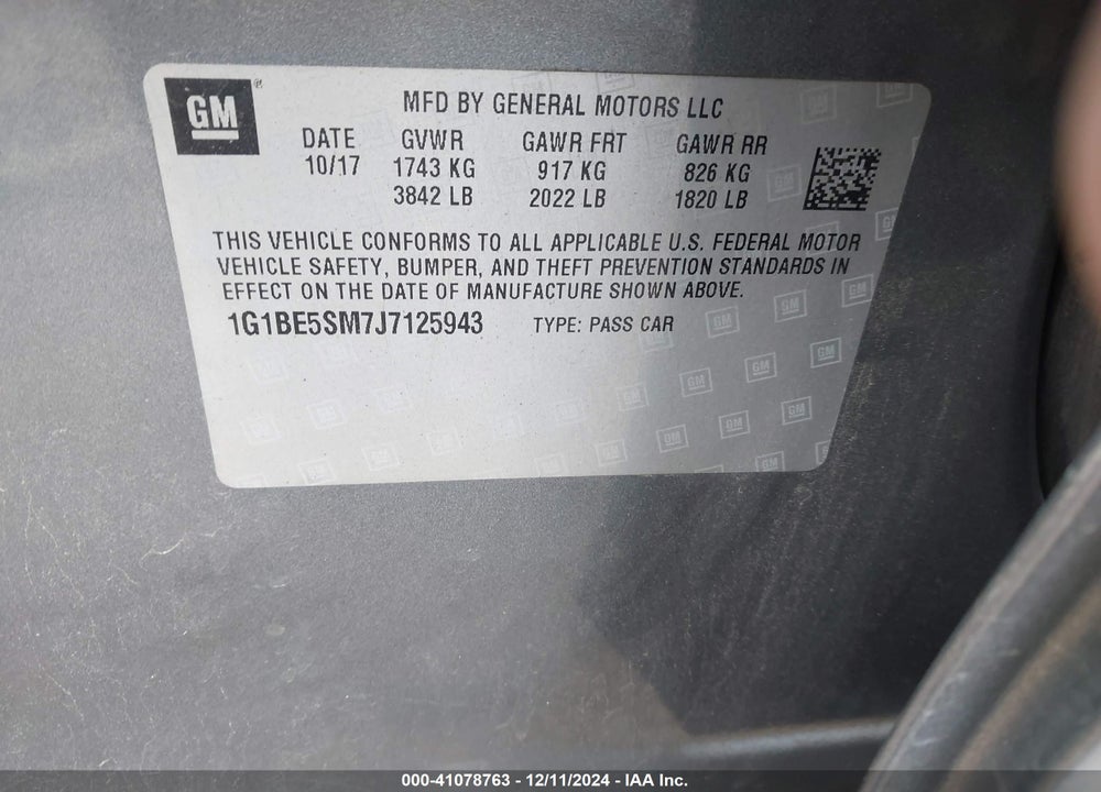 2018 CHEVROLET CRUZE LT AUTO VIN: 1G1BE5SM7J7125943