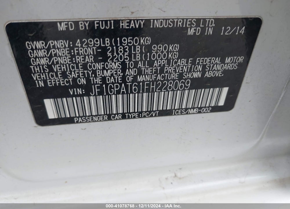 2015 SUBARU IMPREZA 2.0I SPORT PREMIUM VIN: JF1GPAT61FH228069