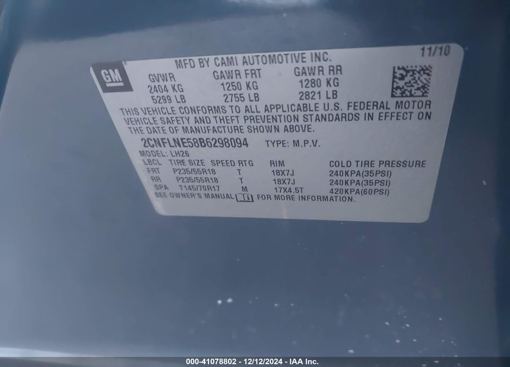 2011 CHEVROLET EQUINOX VIN: 2CNFLNE58B6298094