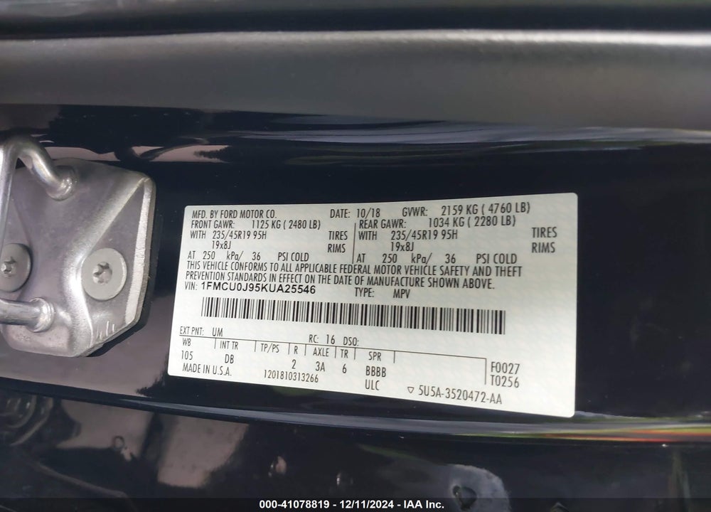 2019 FORD ESCAPE TITANIUM VIN: 1FMCU0J95KUA25546
