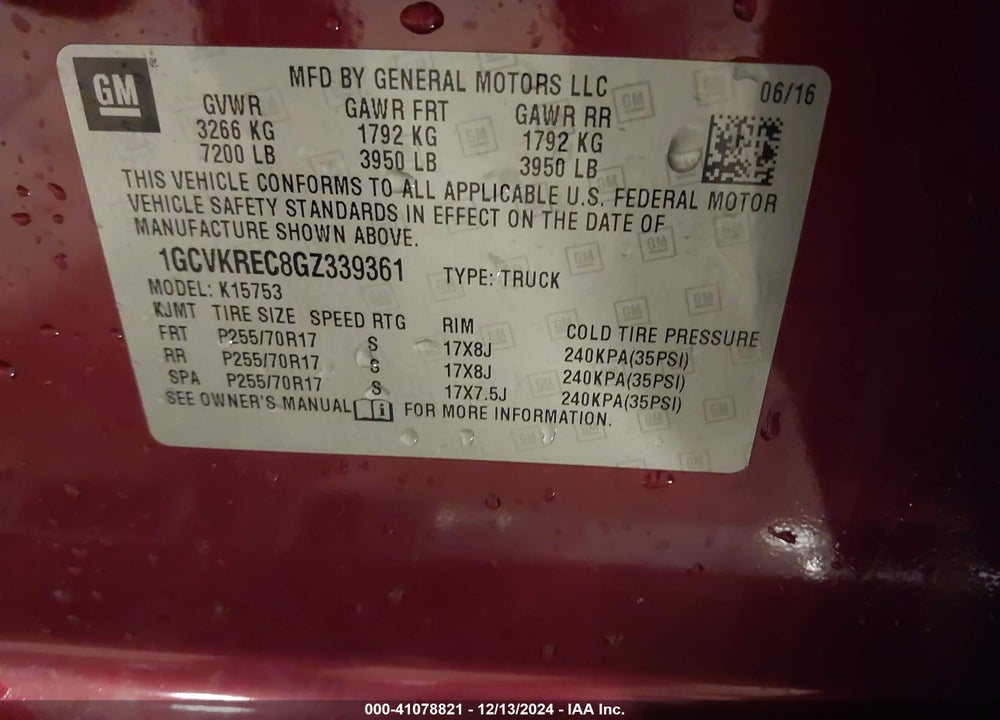 2016 CHEVROLET SILVERADO VIN: 1GCVKREC8GZ339361