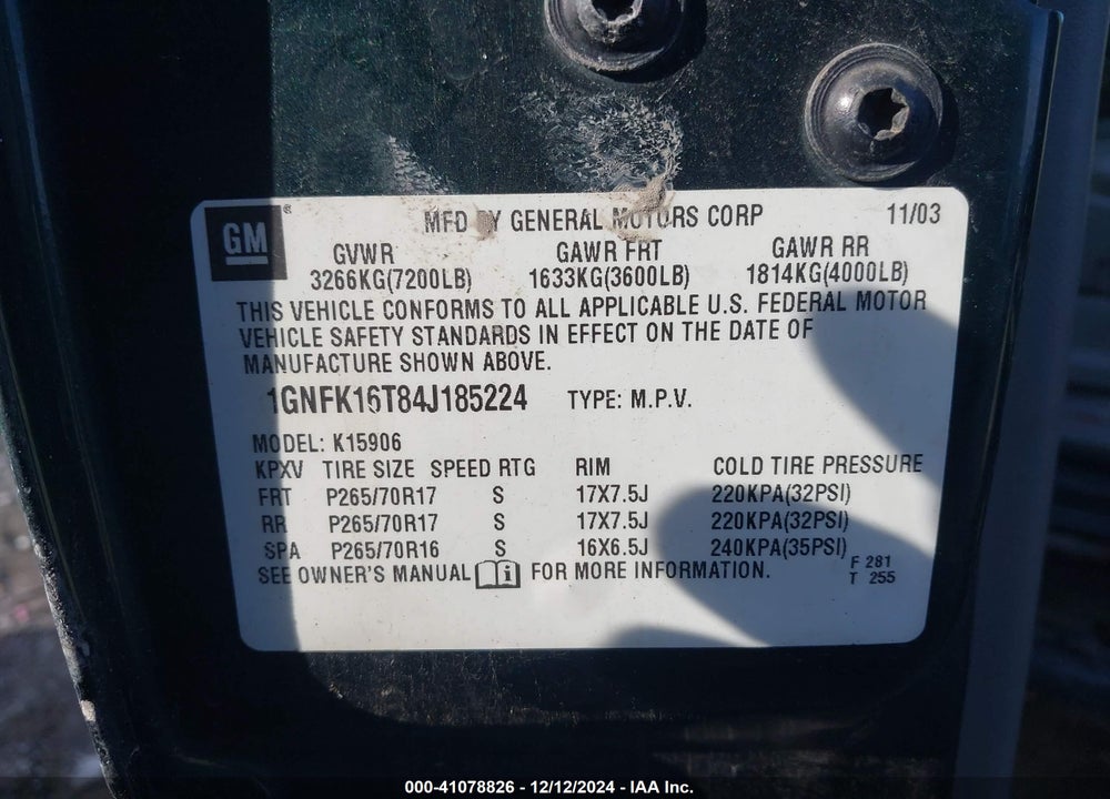 2004 CHEVROLET SUBURBAN 1500 LT VIN: 1GNFK16T84J185224