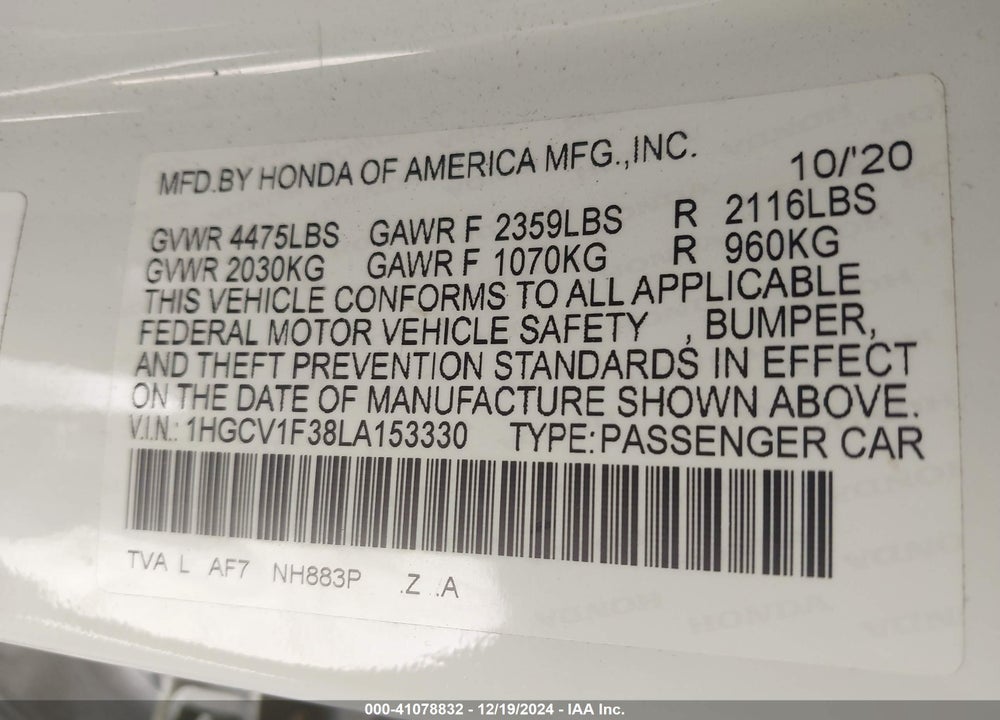 2020 HONDA ACCORD SPORT VIN: 1HGCV1F38LA153330