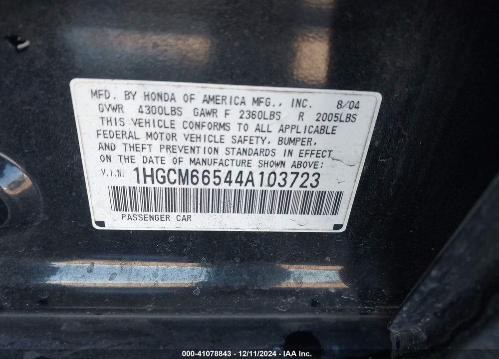 2004 HONDA ACCORD 3.0 EX VIN: 1HGCM66544A103723