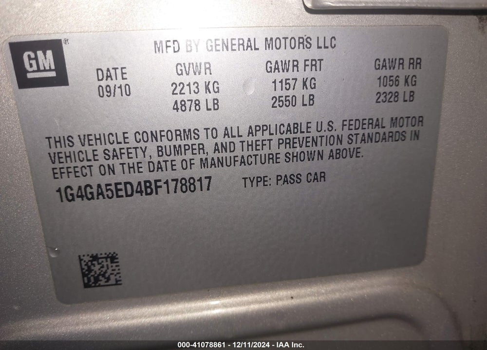 2011 BUICK LACROSSE CX VIN: 1G4GA5ED4BF178817