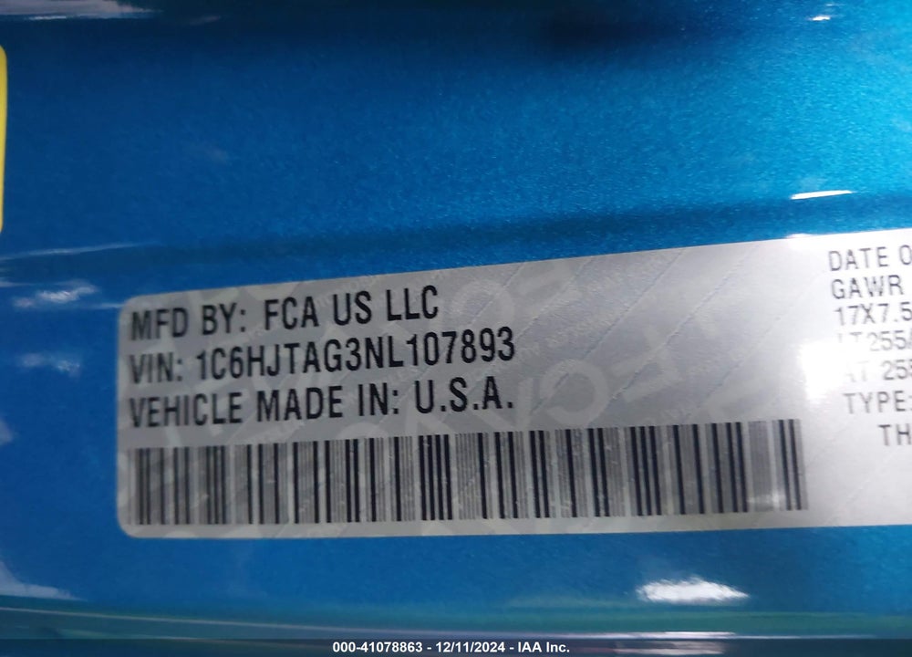 2022 JEEP GLADIATOR WILLYS 4X4 VIN: 1C6HJTAG3NL107893