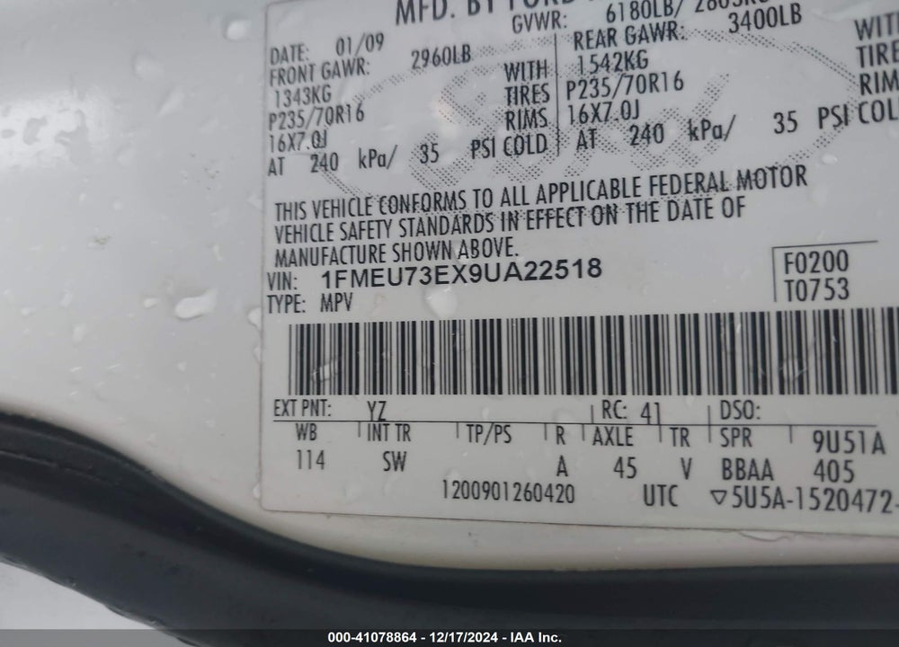 2009 FORD EXPLORER XLT VIN: 1FMEU73EX9UA22518