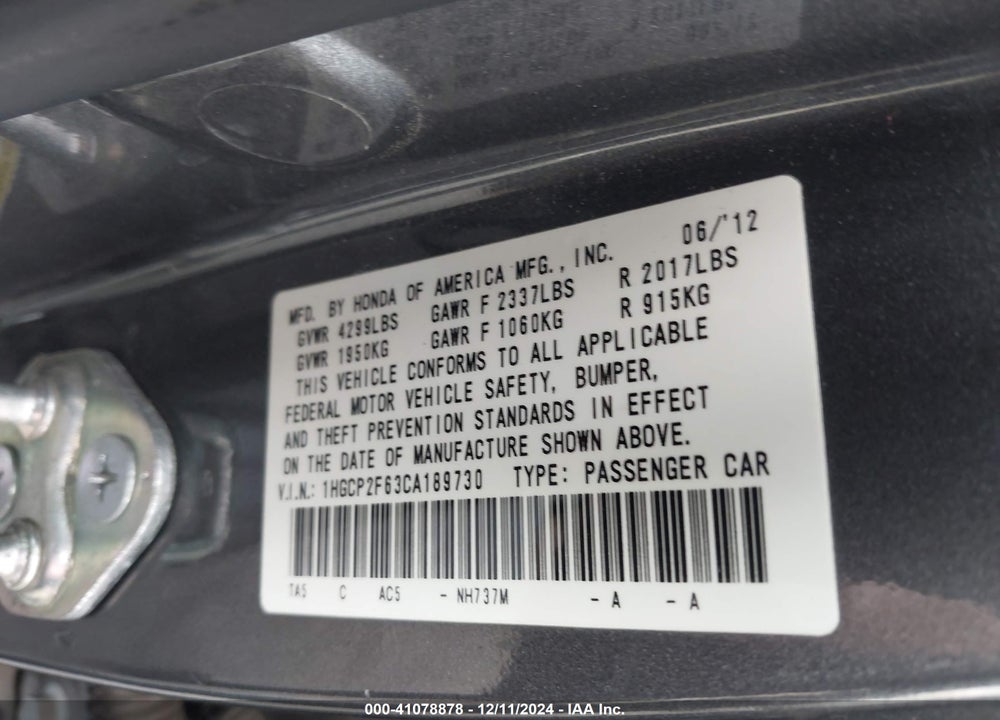 2012 HONDA ACCORD 2.4 SE VIN: 1HGCP2F63CA189730