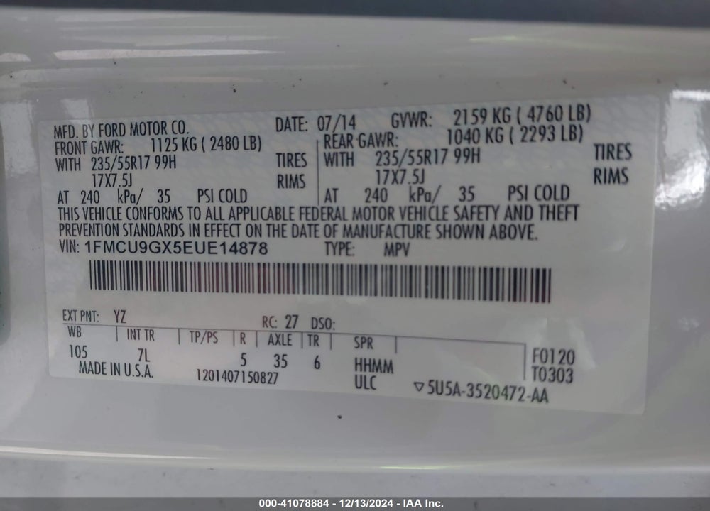 2014 FORD ESCAPE SE VIN: 1FMCU9GX5EUE14878