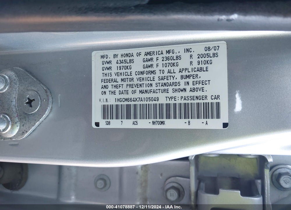 2007 HONDA ACCORD 3.0 SE VIN: 1HGCM664X7A105049