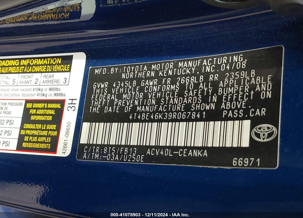 2009 TOYOTA CAMRY VIN: 4T4BE46K39R067841