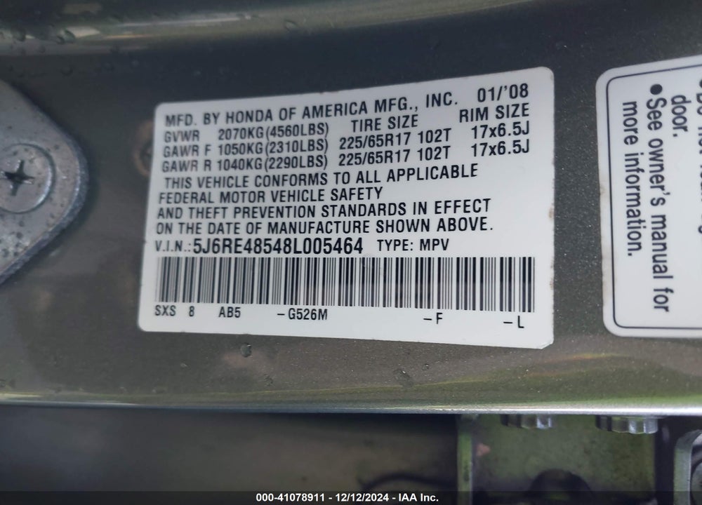 2008 HONDA CR-V EX VIN: 5J6RE48548L005464