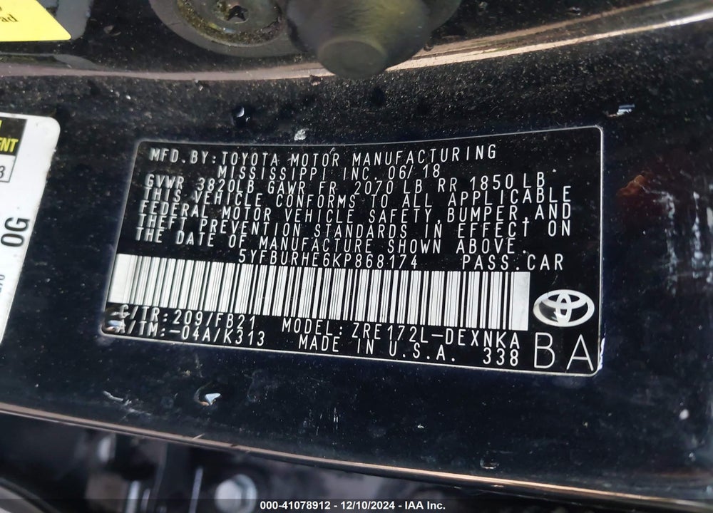 2019 TOYOTA COROLLA LE VIN: 5YFBURHE6KP868174