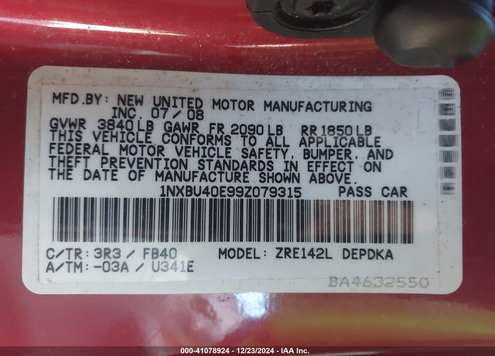2009 TOYOTA COROLLA VIN: 1NXBU40E99Z079315