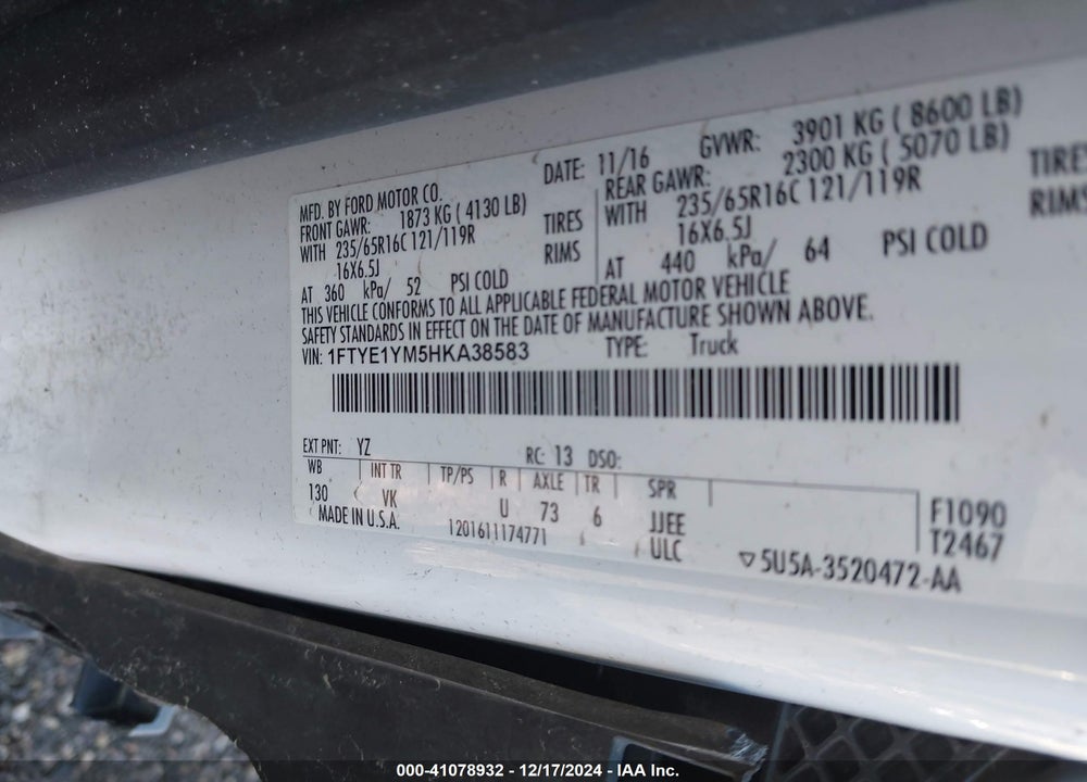 2017 FORD TRANSIT-150 VIN: 1FTYE1YM5HKA38583
